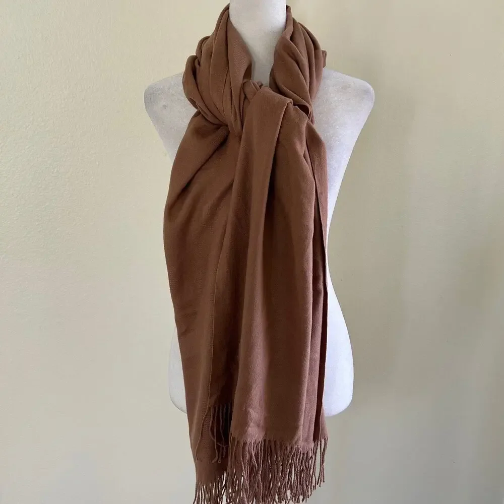 Womens Cashmere Blend Shawl Wrap Brown Fringe Soft Travel Quiet Luxury Scarf